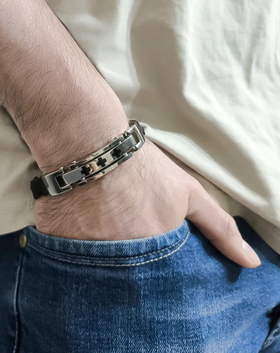 Βραχιόλι ανδρικό από ανοξείδωτο ατσάλι & δέρμα,21,5 εκατοστά, TRIBUTE,0230348101